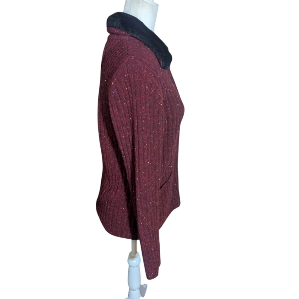 Vtg Burgundy Marled Ribbed Zip-Up Sweater Wool Blend Black Faux Fur Collar Sz S - Picture 2 of 8